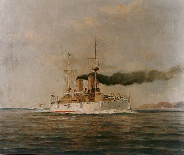 USS Olympia leading a column of cruisers, painting by Francis Muller.