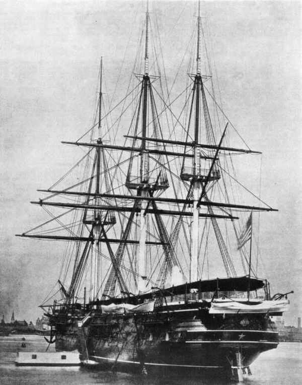 USS Wabash as a receiving ship; she is still fully rigged although her sails have been removed