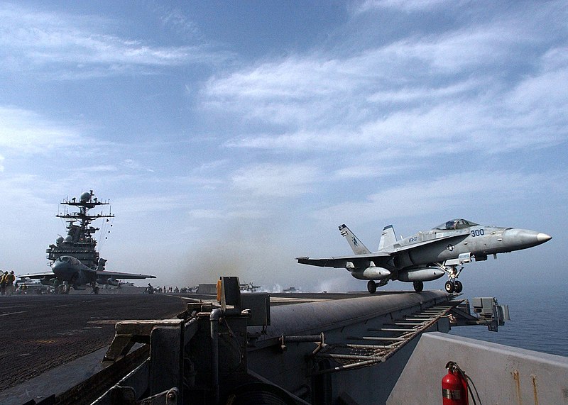 File:US Navy 050204-N-6363M-004 An F-A-18C Hornet launches from the flight deck of the Nimitz-class aircraft carrier USS Harry S. Truman (CVN 75).jpg