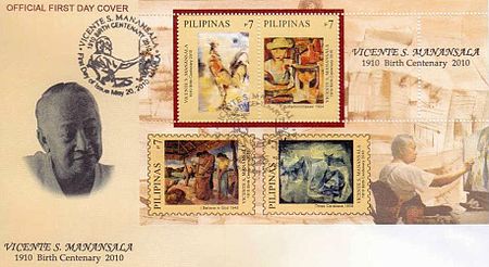 Vicente Manansala and his works on a 2010 stamp sheet of the Philippines