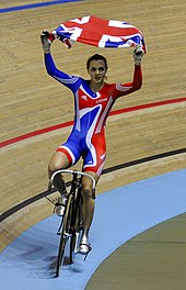 Pendleton celebrates winning the sprint at the 2008 UCI Track Cycling World Championships Victoria Pendleton.jpg
