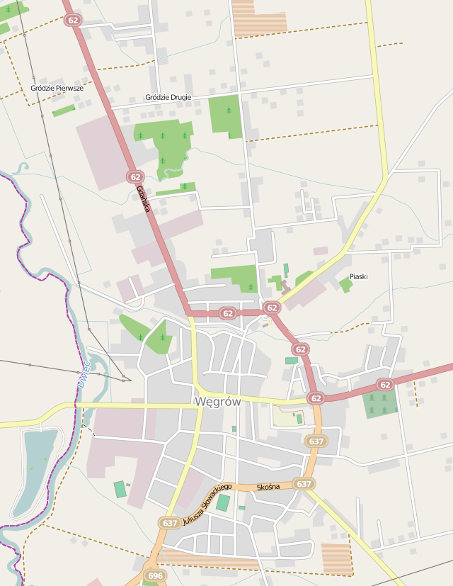 Mapa konturowa Węgrowa, blisko centrum na dole znajduje się punkt z opisem „Bazylika Wniebowzięcia Najświętszej Marii Panny w WęgrowieSanktuarium Matki Bożej Fatimskiej”