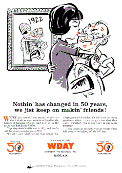 WDAY celebrated its 50th anniversary on May 22, 1972. WDAY Fargo North Dakota 50th anniversary advertisement (1972).gif