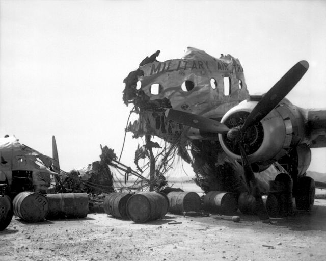 Wreckage of a C-54 destroyed on ground by KPAF fighters, June 1950