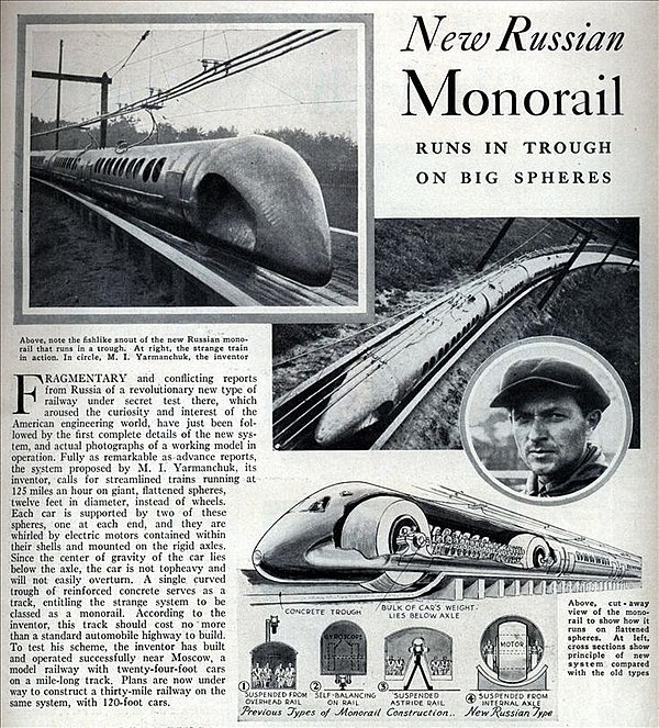 Popular Science Feb 1934, p 41: «A new Russian type of monorail that runs in a chute on large spheres. Fragmentary and contradictory reports have appeared from Russia about a new revolutionary type of railway undergoing secret testing there, sparking the curiosity and interest of the American engineering world, who have recently received the first full confirmations about the details of the new system with photos of the working model in operation»