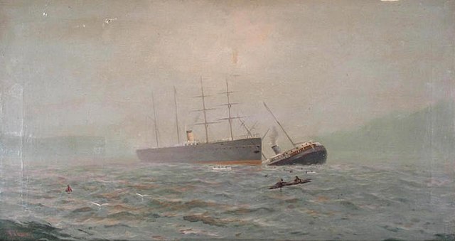 A painting of Oceanic (left) standing by the sinking City of Chester
