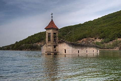 The submerged St. Nicholas Church in Mavrovo