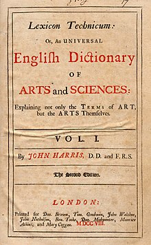 Harris' Lexicon Technicum, title page of 2nd edition of the first volume, 1708 1708-harris-ttlpg.jpg