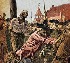 Slave being burned at the stake in N.Y.C. after the 1741 slave revolt. Thirteen slaves were burned. 1741 Slave Revolt burned at the stake NYC.jpg