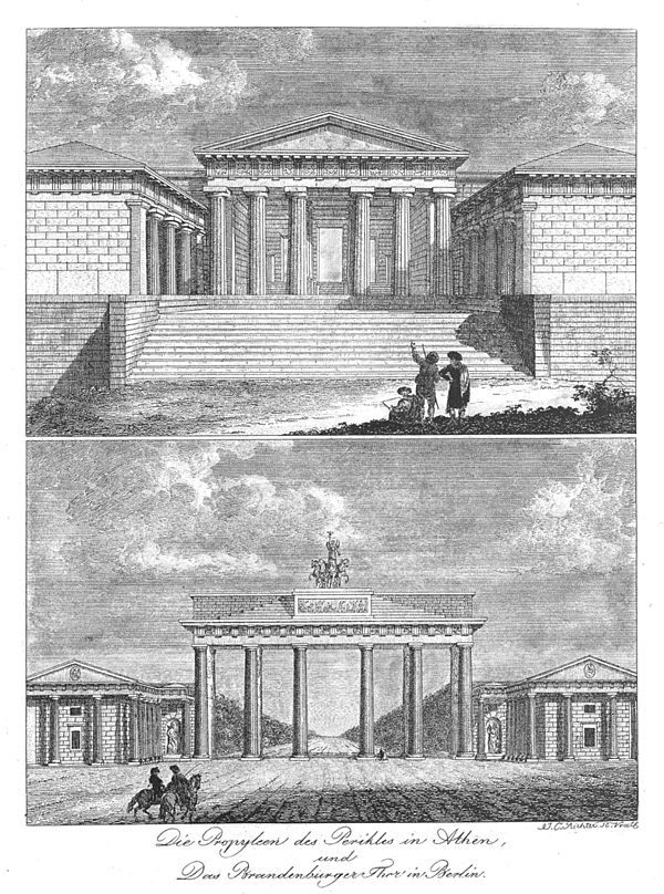 An early 19th-century engraving comparing the recently constructed Brandenburg Gate to (an imagined restoration of) its historical model: the Propylae