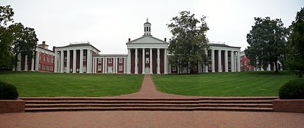 Iconic buildings of Washington and Lee University. From left to right: Newcomb Hall, Payne Hall, Washington Hall (center), Chavis Hall, Tucker Hall.