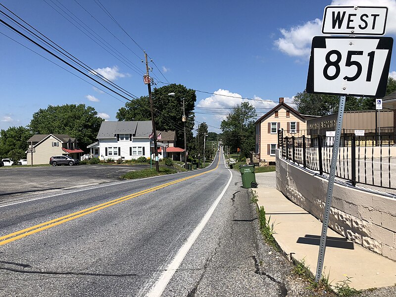 File:2020-06-30 11 03 29 View west along Pennsylvania State Route 851 (Main Street) at Pennsylvania State Route 425 (Market Street) in Fawn Grove, York County, Pennsylvania.jpg