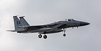 A US Air Force F-15C Eagle, tail number 85-0112, on final approach at Kadena Air Base in Okinawa, Japan. It is assigned to the 18th Wing at Kadena AB.