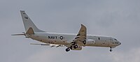 A US Navy P-8 Poseidon, tail number 168429, on final approach at Kadena Air Base in Okinawa, Japan.