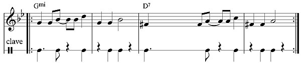 3–2 piano guajeo: clave motif, written in cut-time (Playⓘ)