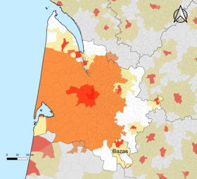 Ubicación de la zona de atracción de Bazas en el departamento de Gironde.