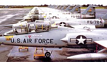 331st Fighter-Interceptor Squadron Lockheed F-104A-15-LO Starfighters Webb AFB, Texas, February 1964. Aircraft shown TDY at Homestead AFB, Florida. Serials identified are 56-784 56-882 56-834 331st Fighter-Interceptor Squadron F-104As 1964.jpg