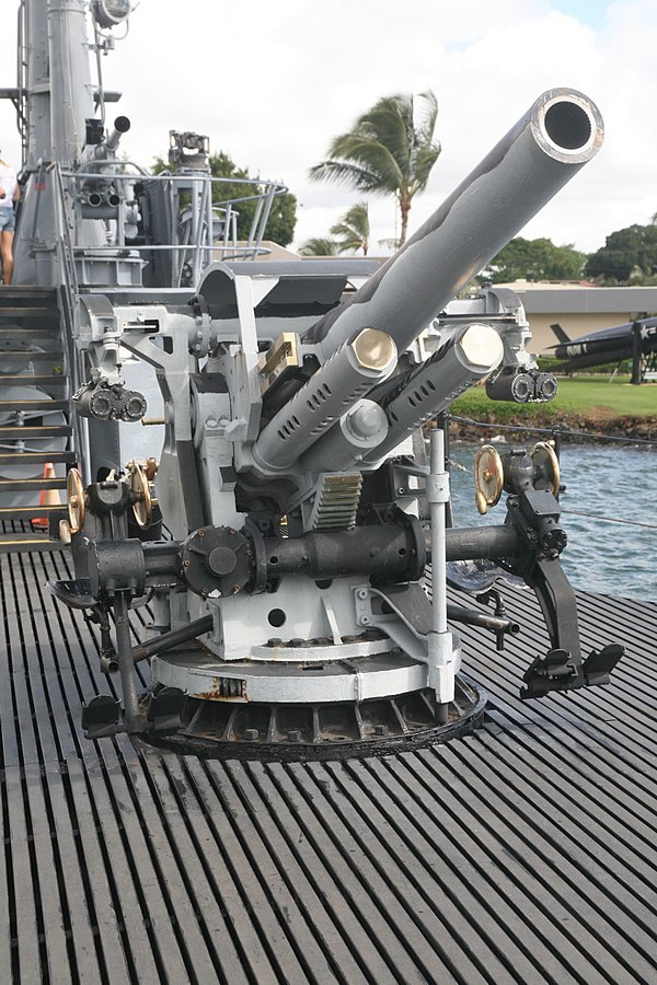 5"/25 caliber gun on the deck of Balao-class submarine USS Bowfin