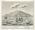 Gezicht op de Perzische stad Gamron rond 1740, met Hollandse en Perzische schepen op de rede. Helemaal rechts de VOC loge en vlag.
