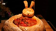 Thumbnail for File:A bunny bread bowl with meat ball and tomato sauce.jpg