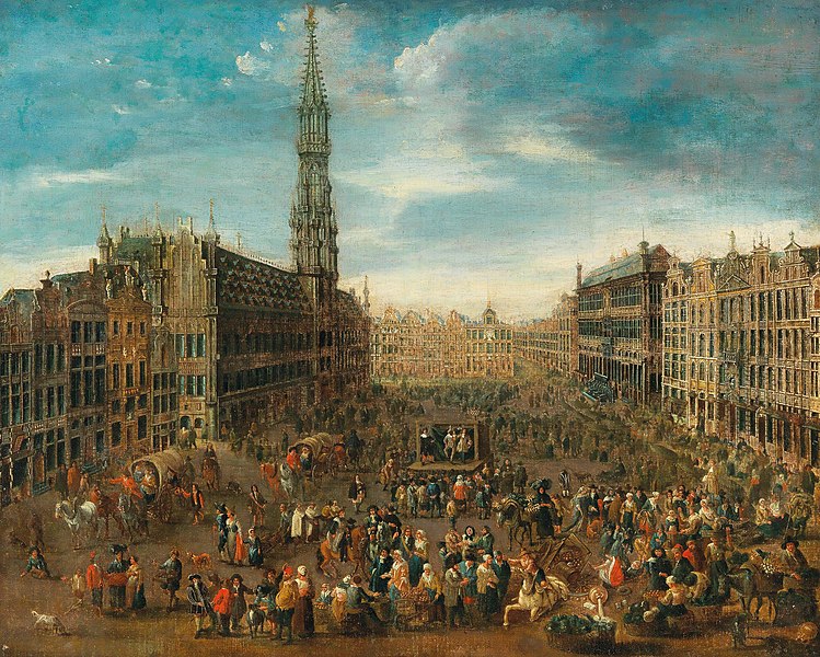 File:A market scene on the Grand Place in Brussels, oil on canvas, 81x101 cm, c. 1670.jpg