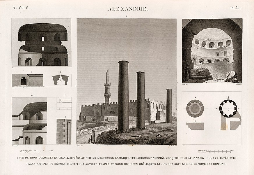 Pl.35 - 1. Vue de trois colonnes en granit, situées au sud de l'ancienne basilique vulgairement nommée Mosquée de St. Athanase 2-9. Vue intérieure, plans, coupes et détails d'une tour antique, placée au nord des deux obelisques et connue sous le nom de Tour des Romains