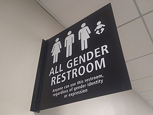 Picture of a sign with the following stick figures: female, male, half-female/male, and baby. Captioned as as "All Gender Restroom". Below that states "Anyone can use this restroom, regardless of gender identity or expression"