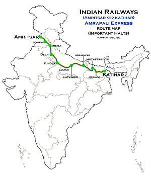 Mappa del percorso dell'Amrapali Express (Amritsar–Katihar)