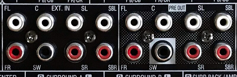 File:Analog RCA (Cinch) in- and output connectors for 7.1 analog surround sound on Denon AVR 3808.jpg