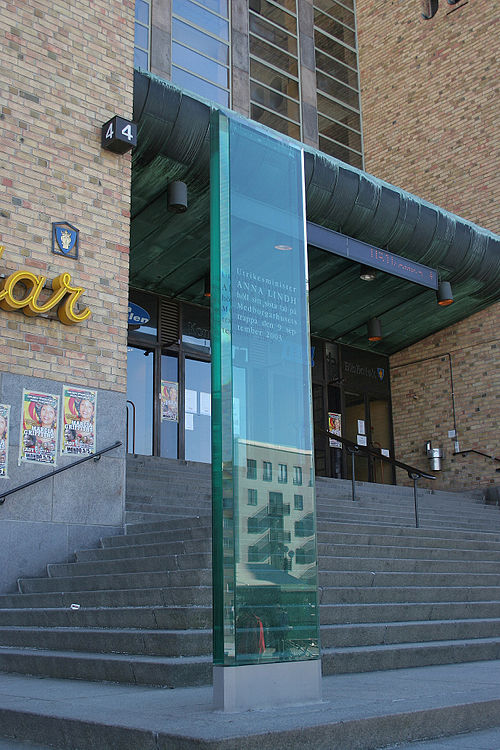 Anna Lindh memorial in Stockholm, marking the spot where she delivered her final speech