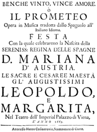 Antonio Draghi - El Prometeo - title page of the italian libretto - Vienna 1669.png