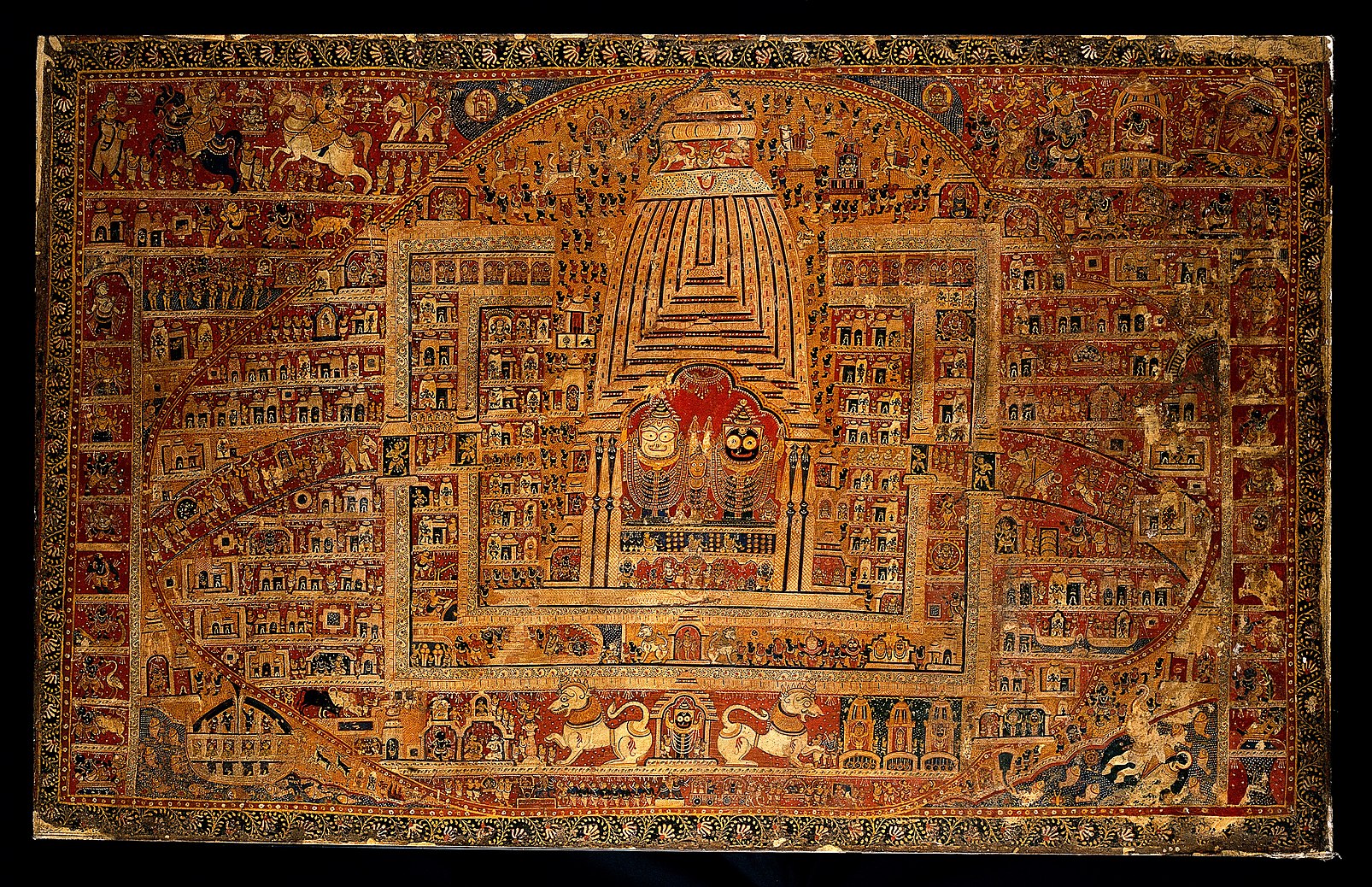 Sankhanabhi Pata, Pattachitra map of the Puri temple, with many human and sacred figures, buildings and animals. By a painter of Puri, Odisha, ca. 1880/1910.