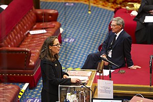 Evans at the Lords' dispatch box in 2021 Baroness Evans of Bowes Park (51110960637).jpg