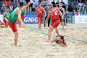 Deutsch: Beachhandball Europameisterschaften 2019 (Beach handball Euro); Tag 6: 7. Juli 2019 – Spiel um Platz Drei, Männer, Ungarn-Russland 2:0 (26:20, 23:22) English: Beach handball Euro; Day 6: 7 July 2019 – Men's Bronze Medal Match – Hungary-Russia 2:0 (26:20, 23:22)