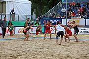 Deutsch: Beachhandball Europameisterschaften 2019 (Beach handball Euro); Tag 6: 7. Juli 2019 – Spiel um Platz Drei, Männer, Ungarn-Russland 2:0 (26:20, 23:22) English: Beach handball Euro; Day 6: 7 July 2019 – Men's Bronze Medal Match – Hungary-Russia 2:0 (26:20, 23:22)