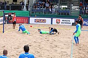 Deutsch: Beachhandball Europameisterschaften 2019 (Beach handball Euro); Tag 3: 4. Juli 2019 – Männer, Platzierungsrunde Gruppe III, Slowenien-Türkei 0:2 (18:18, 22:23) English: Beach handball Euro; Day 3: 4 July 2019 – Men Consolation Round Group III – Slovenia-Turkey 0:2 (18:18, 22:23)