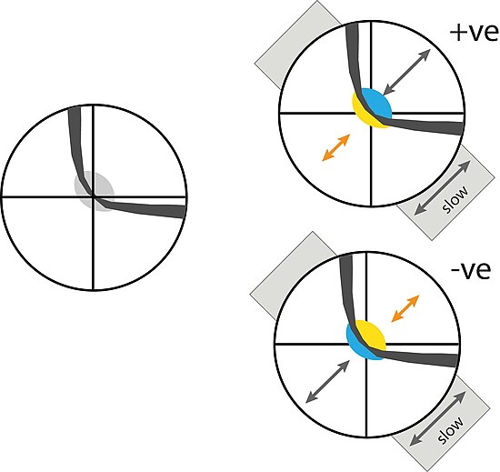 Possible interference figures for a biaxial mineral with a large 2V, viewed along one of its two optic axes. The curved shape of the isogyre is characteristic of biaxial minerals - though the degree of curvature will change as the microscope stage is rotated, and at some orientations the pattern will resemble the "maltese cross" pattern of a uniaxial mineral. The left hand image illustrates the figure alone; the grey patch at the centre indicates the low first order (grey) birefringence colours seen here (the order of the colours seen would in reality increase away from the center, but these colours are not shown). The two right hand figures show the effect of adding a sensitive tint plate to the setup, replacing the grey at the centre with second order blue and first yellow birefringence colours. The polarity of the yellow and blue reveals whether the mineral being viewed is optically "biaxial positive" (top) or "biaxial negative" (bottom), which can be a key property in identifying the mineral (or investigating its composition). Biaxial interference figures.jpg