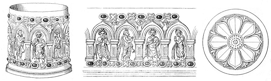 The Bimaran casket, illustrated by Charles Masson: view in volume, flattened view of a half portion of the casket, and bottom. Bimaran casket Charles Masson.jpg