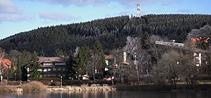 Westkant van Bocksberg met Kranicher Teich en de stad Hahnenklee op de voorgrond