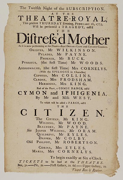 File:Bodleian Libraries, Playbill of Theatre Royal, Thursday evening, February 16, 1775, announcing The distres'd mother &c..jpg