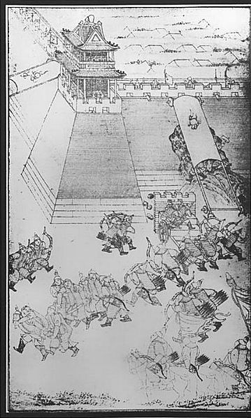 An illustration depicting bombs thrown at Manchu assault ladders during the siege of Ningyuan, from the book Thai Tsu Shih Lu Thu (Veritable Records o