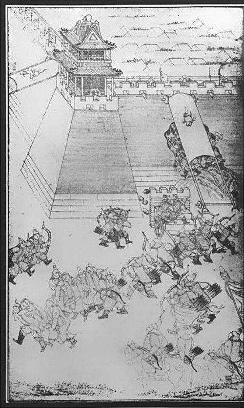 An illustration depicting bombs thrown at Manchu assault ladders during the siege of Ningyuan, from the book Thai Tsu Shih Lu Thu (Veritable Records o