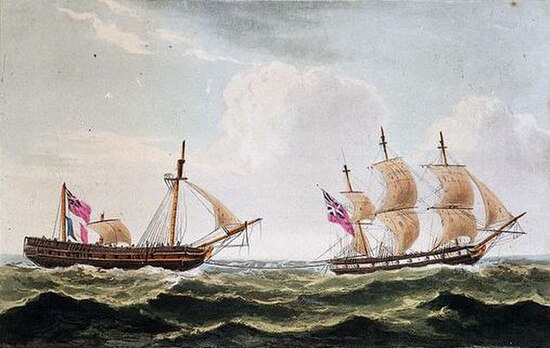 The captured Furieuse is taken in tow to Halifax, Nova Scotia by HMS Bonne Citoyenne, a print by Thomas Whitcombe