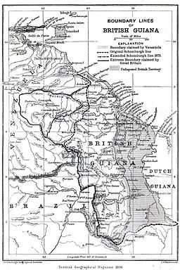 Engelsk kort fra 1896 som viser Brittiska Guayana og de forskellige grænsedragninger mod Venezuela.