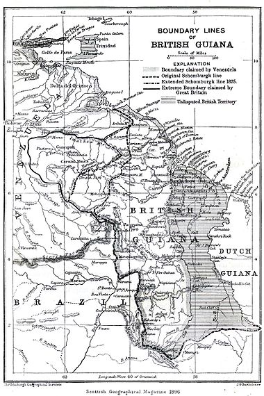 Map showing:
* The extreme border claimed by Britain
* The current boundary (roughly) and
* The extreme border claimed by Venezuela Boundary lines of British Guiana 1896.jpg