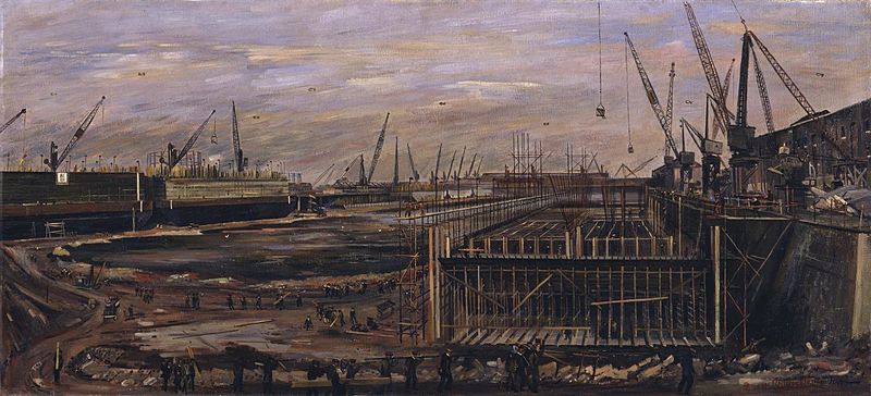 File:Building the Mulberry Harbour, London Docks, 1944. by Frances Macdonald (Tate N05705).jpg