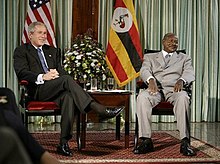 U.S. President George W. Bush met with President Yoweri Museveni in Entebbe, Uganda, 11 July 2003. BushMuseveniEntebbe2003.jpg