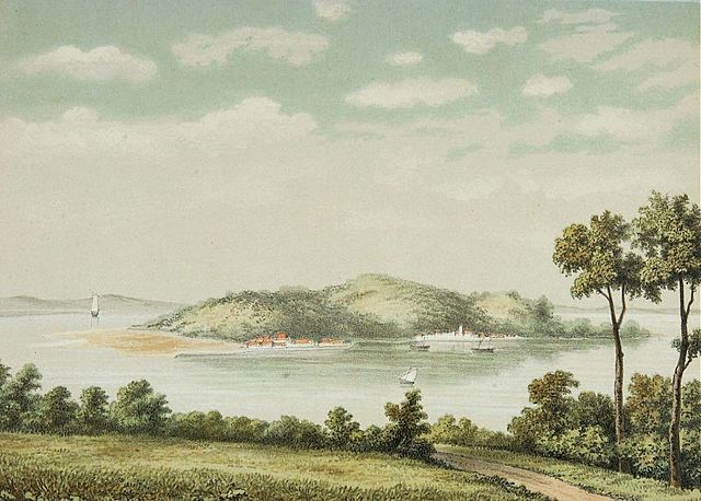 Pulau Penyengat (Lit: Wasp island), lithography of an original watercolour by J.C. Rappard. ca. 1883–1889.