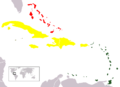 Major island groups of the Caribbean: the Bahamas (red), Greater Antilles (yellow), and Lesser Antilles (green). The Cayman Islands, despite their small size, are not typically considered a part of any of these groups and are colored brown.