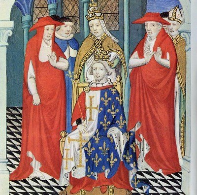 The seated Charles I of Sicily is crowned by Pope Clement IV.